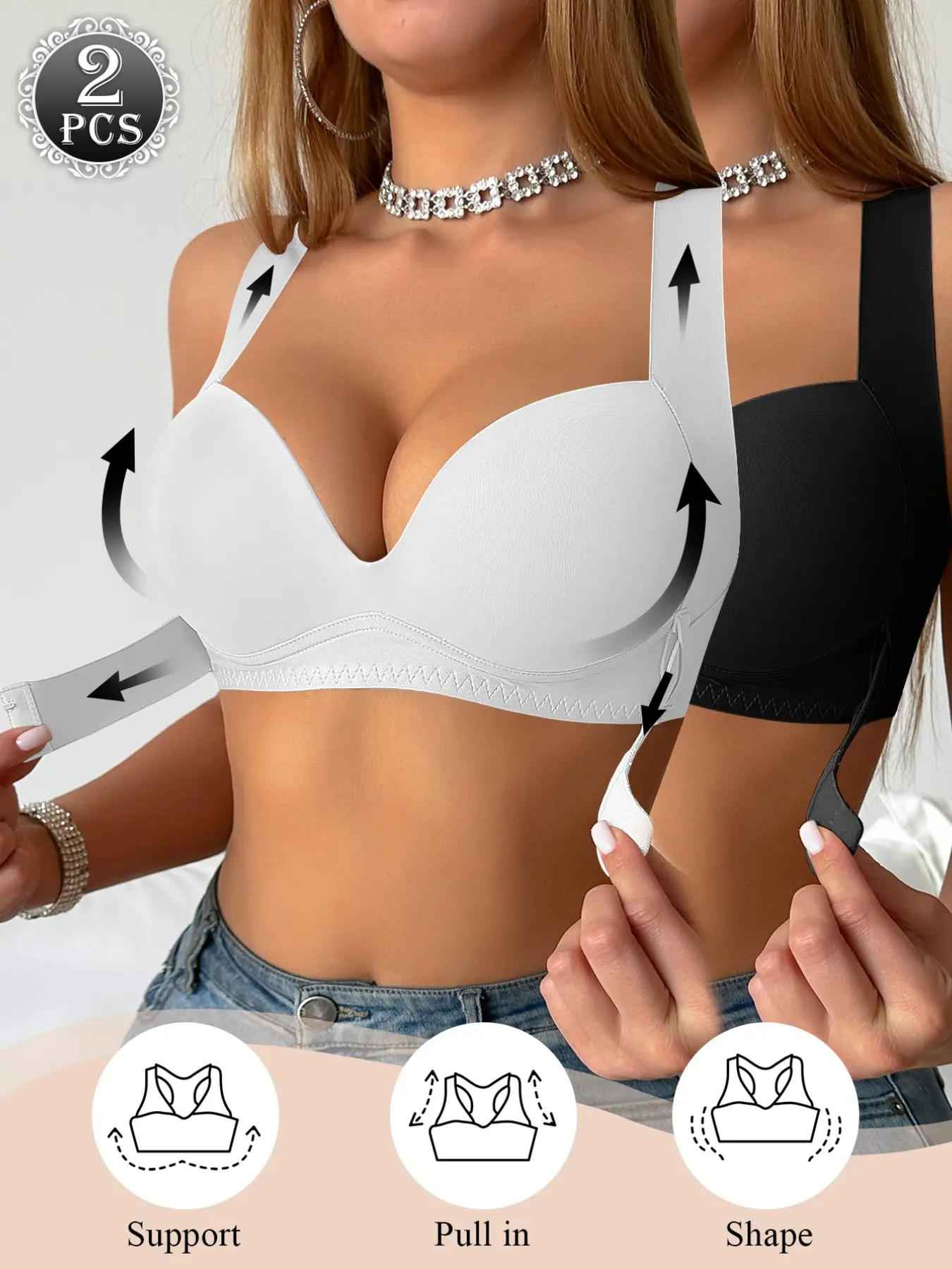 2PCS Women's Seamless Wireless Smooth Bras,Push Up Cover Side Breasts, Front Closure Button cross bank t-shirt Bra Wide Adjustable Straps, Soft Fit Breathable Daily Wear Everyday Underwear, Clothes