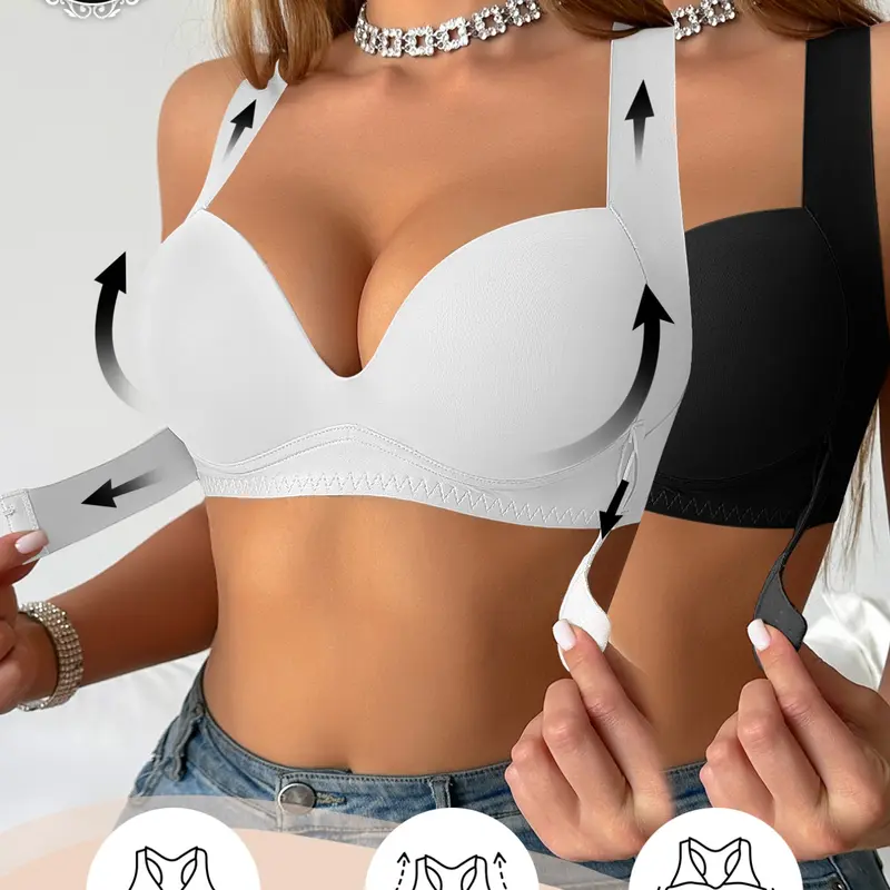 1/2/3PCS Women's Seamless Wireless Bras,Push Up Cover Side Breasts, Front Closure cross bank t-shirt Bra Wide Adjustable Straps, Soft Breathable Daily Wear