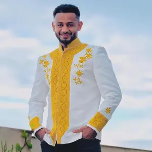 ETHIOPIAN MEN'S TOP|  Ethiopia Men Attire| Traditional Habesha Men Shirt | Modern Habesha Men's Shirt| Yellow Embroidery Handcrafted Outfit