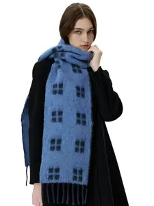 Women's Wool Plaid Fringe Scarf, Fluffy Soft Scarf, New Street Style Soft Grid Shawl, Fall & Winter Windproof Warm Neckwear for Couples Travel Outdoor