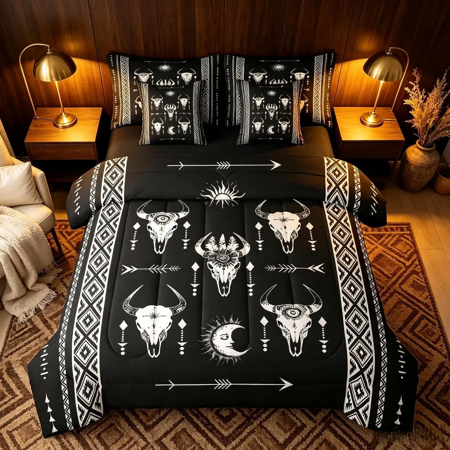 Arrow Bull Skull Boho Aztec Black White Comforter Set 7 Pieces | Western Cowboy Bed in A Bag Ethnic Horns Bed Set Adults Men Bedding