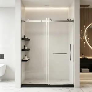 Frameless Single Sliding Shower Door with 6mm Clear Tempered Glass Anti-Explosion Film Stainless Steel Handle Square Tube Track Brushed Nickel Finish Modern Bathroom Accessory
