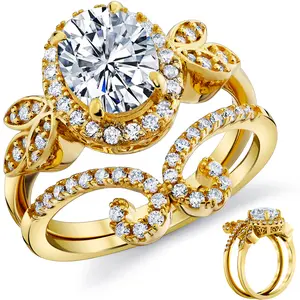 3Ct. Moissanite 18K Gold over Silver Halo Oval Papillion Engagement Wedding Ring Bridal Set