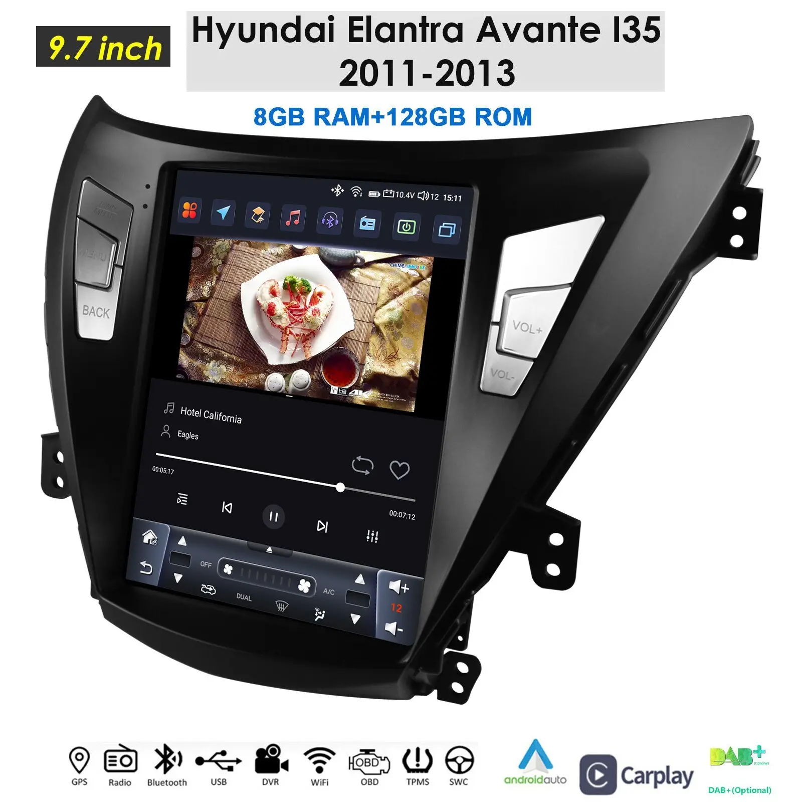 9.7 Inch 2DIN Backlit Double Din Touchscreen Car Video Player for Hyundai Elantra Avante I35 2011-2013, Android 14 Tesla-Style Auto Radio with QLED Multimedia Player, GPS Navigation, Carplay, Bluetooth, Wifi, Rear View Camera Input, Car Video Players
