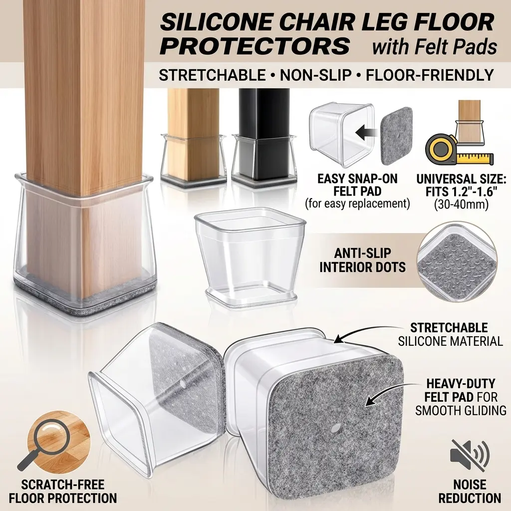 12 Pcs Rectangle Grey Felt Chair Leg Floor Protectors for Hardwood Floors, Rectangle Silicone Chair Leg Caps, Furniture Leg Covers Cups for Table Desk