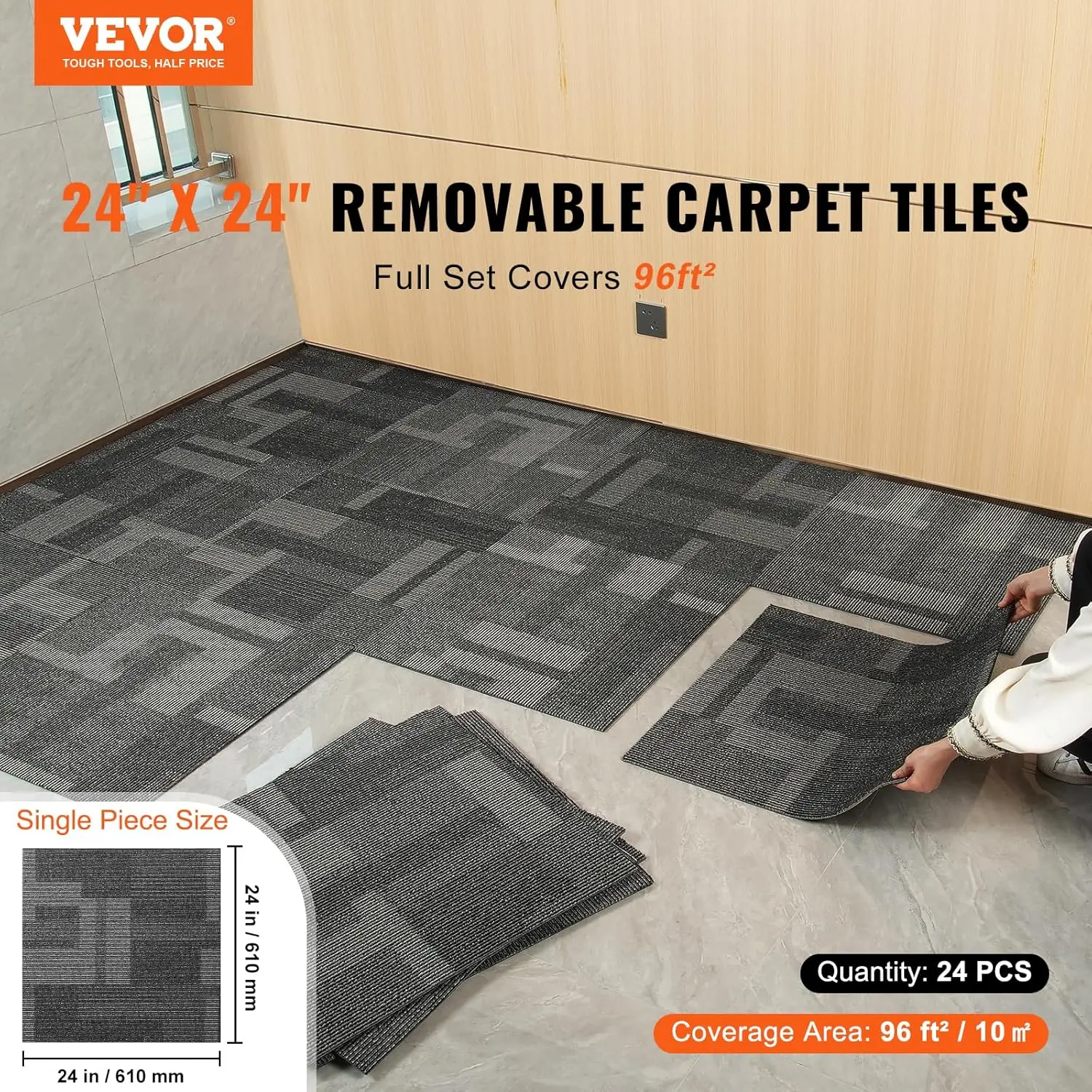 VEVOR Carpet Tiles Reusable, 24 PCS, 24"x 24", Squares Soft Padded Carpet, Carpet Floor Tiles Easy DIY for Bedroom Living Room Indoor Outdoor (Mixed Gray, 96 sqft/Box)