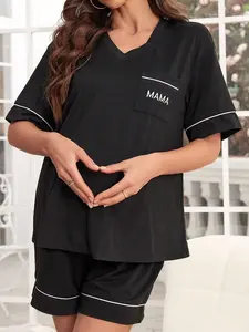 ZENIE Contrast Tone Letter Pattern Pregnancy Loungewear Pocket Trunks Coquette Vibe