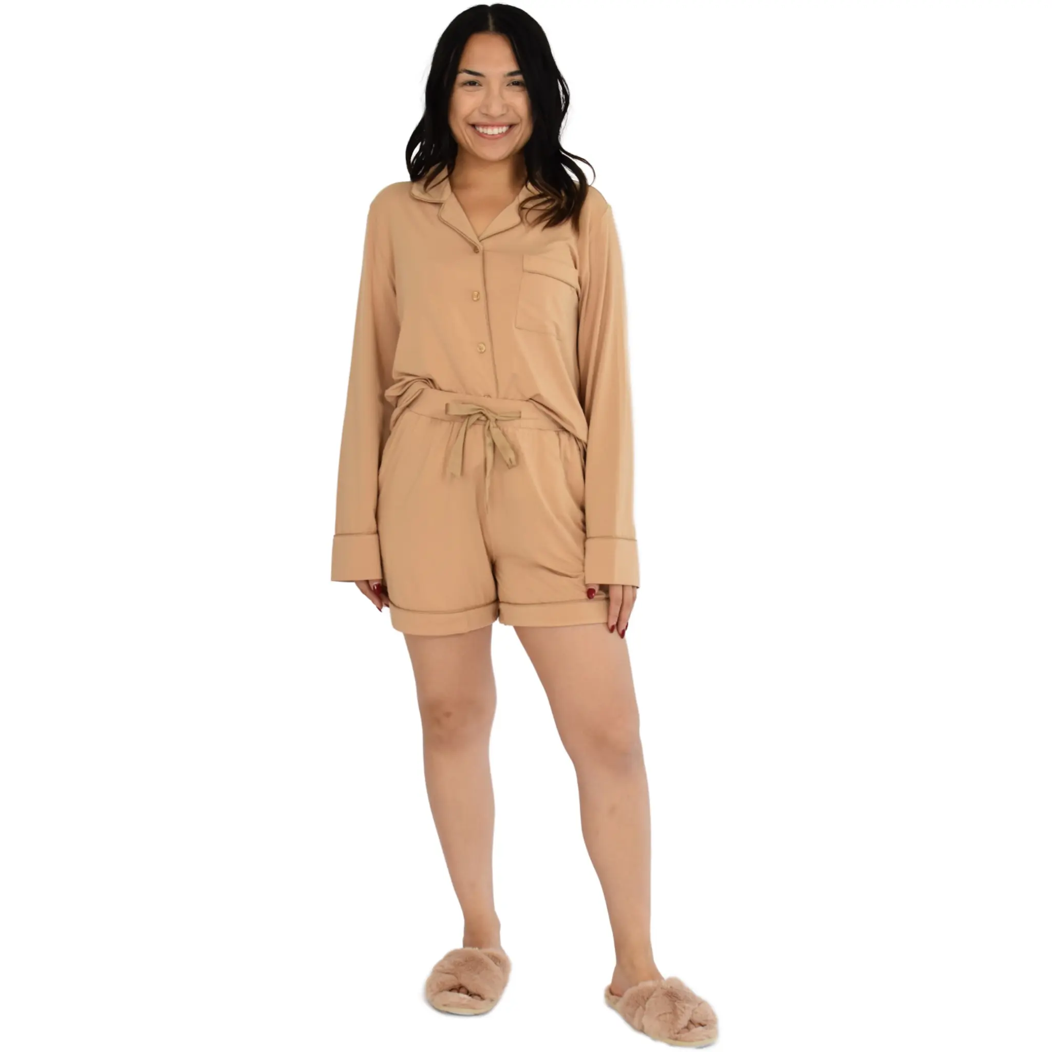 Cozy Ups Quinn Neutral Bamboo Ginger Pajamas Long Sleeve Short Set