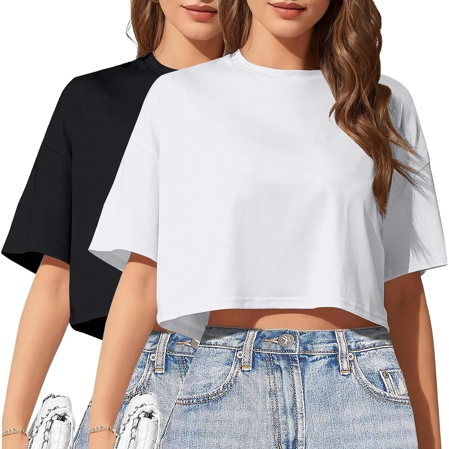 Women's 2-Pack Buttery Soft Crop Tops, Basic Style Half Sleeve Drop Shoulder T-Shirt, Simple Fit Casual Tops for Women, Shortsleeve, Wardrobe Staples