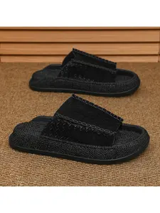 Summer Woven Texture Men's Slippers Outdoor Beach Home Use Non-Slip Large Size Slip-On Sandals for Casual Wear