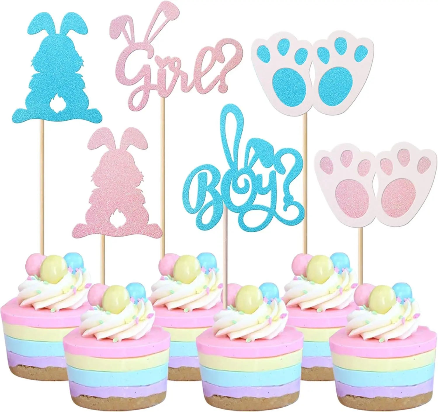 24 Pack Rabbit Easter Day Cupcake Toppers Boy or Girl Cupcake Toppers Glitter Pink or Blue Bunny Cupcake Picks for Easter Day Gender Reveal Theme Baby Shower Birthday Party Cake Decorations