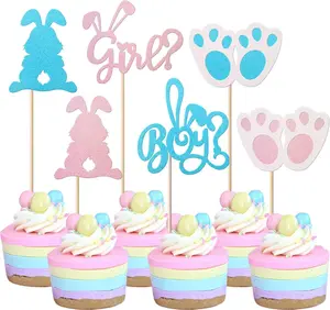 24 Pack Rabbit Easter Day Cupcake Toppers Boy or Girl Cupcake Toppers Glitter Pink or Blue Bunny Cupcake Picks for Easter Day Gender Reveal Theme Baby Shower Birthday Party Cake Decorations