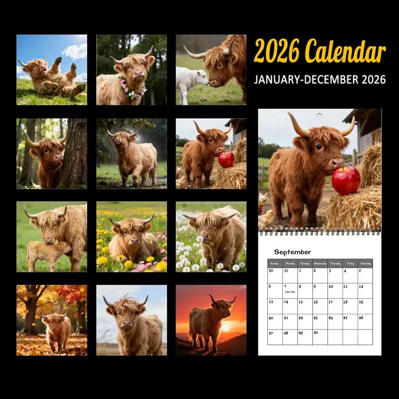 2026 Highland Cow Theme Wall Calendar, 12 Months Colorful Illustrations, 7.9in X 7.9in Perfect Size, Cute Fun Highland Cow Art Decor Gift