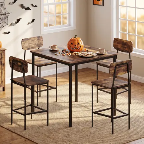 Dining Table Set for 4, Retro Kitchen Table and Chairs Set for 4, Metal Frame, Space-Saving Table and Chairs Set of 4 for Small Place, Living Room, Breakfast Nook