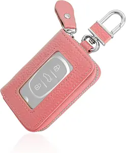 Car Key Fob Cover, Car Key Holder Case, Genuine Leather Remote Key Fob Holder, Keychain Protector for Men Women (Pink)