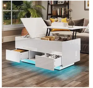 Lift Top Table with Drawers & LED Lights, High Gloss Coffee Table with Power Outlets, White