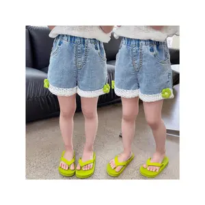 New(New)Girls' Denim Shorts with Lace Trim - Korean Style & Pants, Short Knee-Length Shortcuts Suitable for Spring Summer Fall, Machine Washable Casual Denim Wear for Playdates Everyday Outfits, Perfect for Outdoor