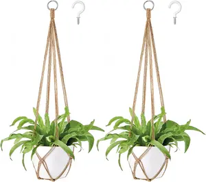 Macrame Plant Hanger Indoor Hanging Planter Basket Handmade Woven Cotton Rope Flower Pot Decorative Crochet Plant Holder Stand for Boho Home Decor No Tassels,35 Inch,Set of 2, Brown