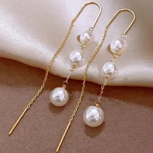 Elegant Minimalist Pearl Earrings for Women Three Freshwater Pearls on Delicate Gold Plated Ear Wires Perfect for Daily Wear Office Casual Outfits and Special Occasions Timeless Chic Jewelry Gift