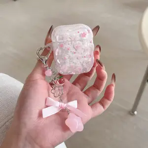 Fresh Semi-Transparent Floral Bow Star Full Cover Earphone Case + Strawberry Bead Charm, 2 Pieces, Fits AirPods 4/3 Pro, Earphone Protective Cover