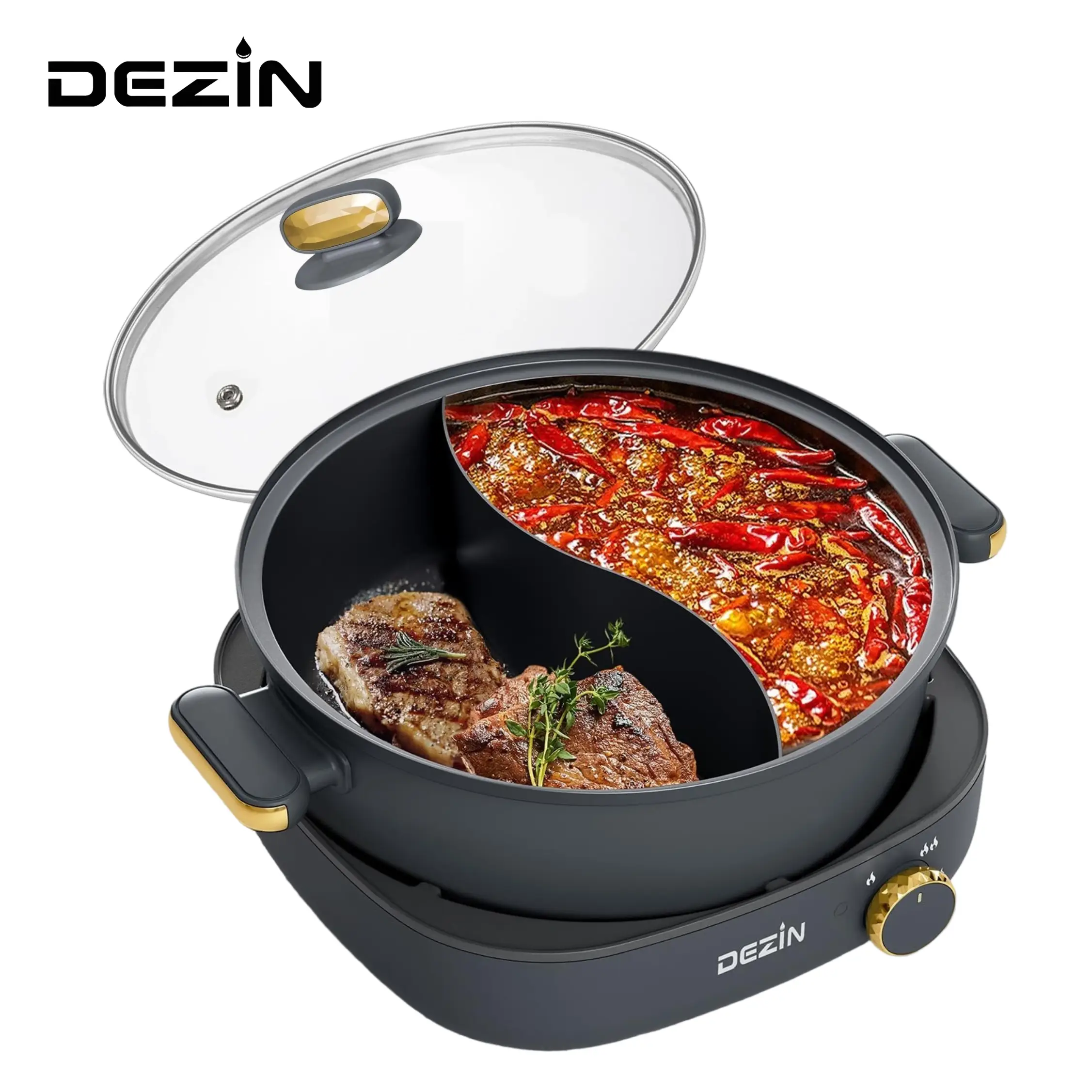 Dezin Hot Pot Electric with Divider, 4L Electric Shabu Shabu with Dual-Flavor Pot,3.7" Depth Nonstick Dual Side Electric Pot with Multi-Power Control
