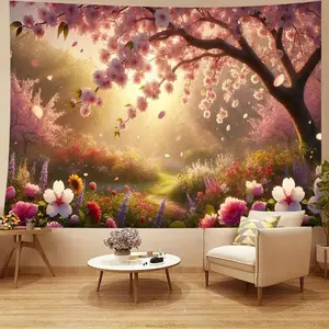 1pc Oversized 243.84x182.88 cm Tapestry - Japanese Cherry Blossom Floral Wall Hanging with Soft Pink to Magenta Blooms, Large Tree Trunks - Wedding, Living Room, Bedroom, Party Decor - Easy Hang No Electricity Needed - Durable Polyester Fabric Backdrop fo