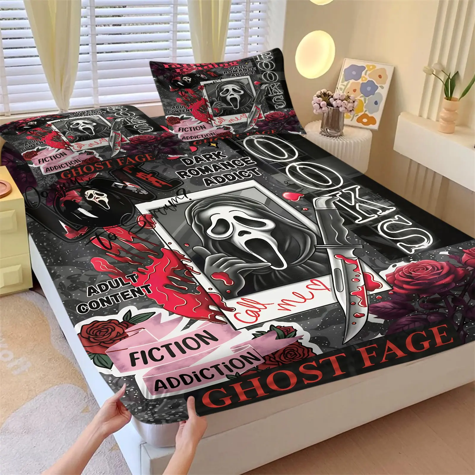 Gothic Ghost Mask Fitted Sheet, Printed Bedding Set, Include One Bedspread and Two Pillowcases, Spooky Skull Print Deep Pocket Mattress Cover, Creepy Aesthetic Bed Cover for Dark Aesthetic Lovers