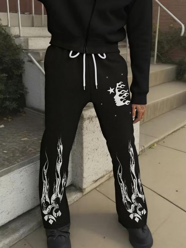 Unisex Black Flame & Star Graphic Print Sweatpants Streetwear Gothic Casual Drawstring Joggers 100% Polyester Unique Design