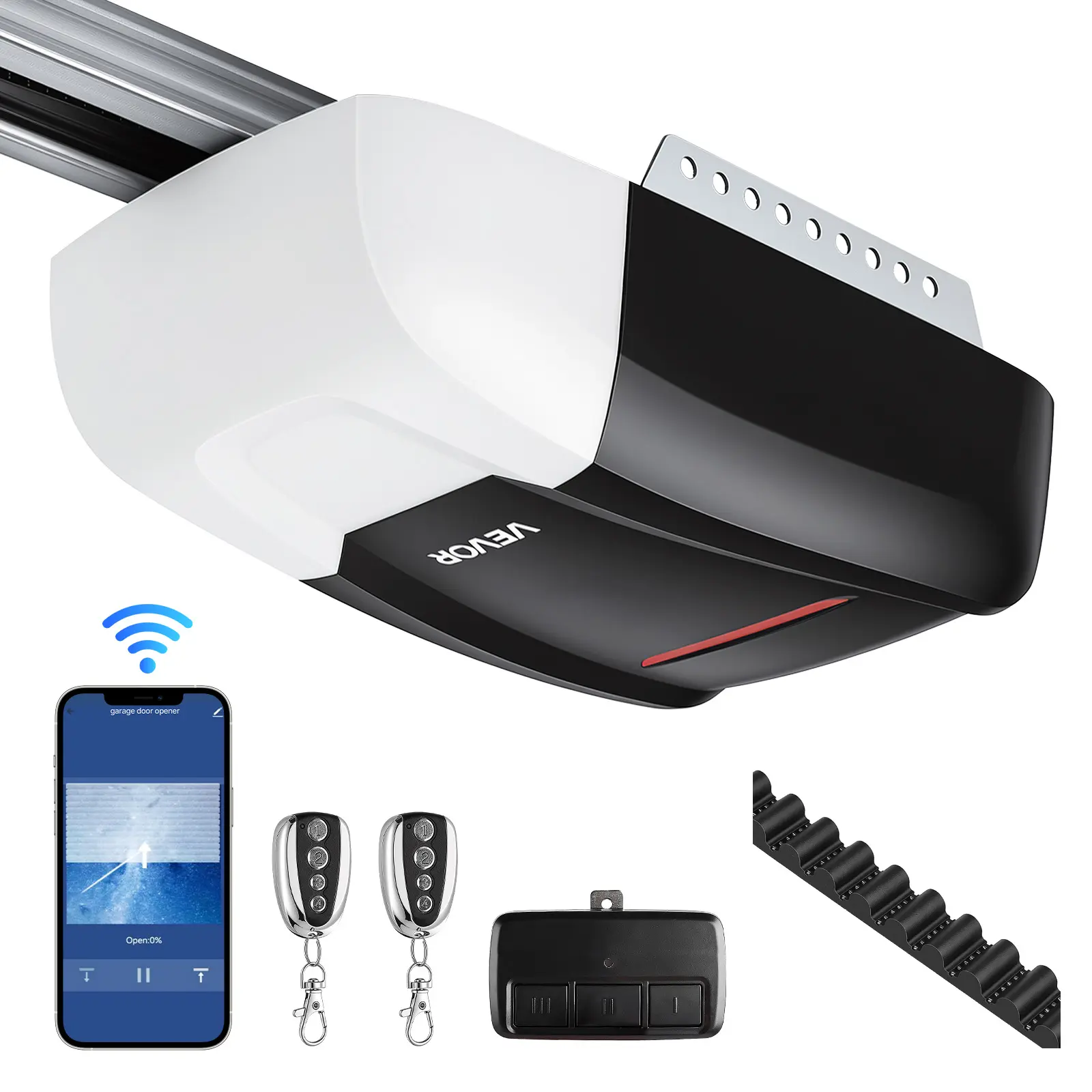VEVOR Garage Door Opener 1/2 HP Ultra-Quiet Belt Drive WiFi Smart Opener, for Residential Garage, Includes Durable Rail, 3 Remotes, Smartphone App Control, Obstacle Sensor & LED Light, Black & White#BacktoSchool