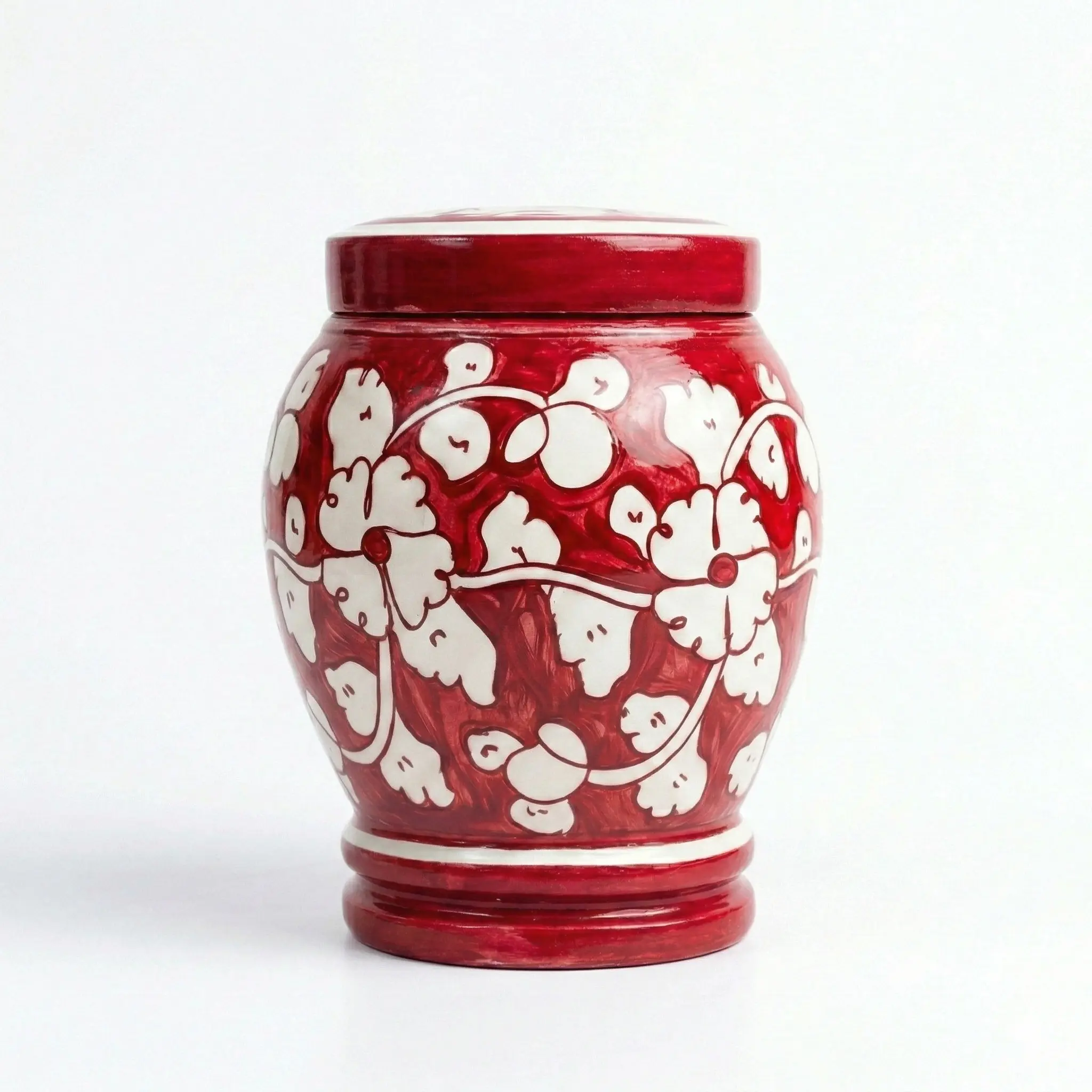 Handmade Ceramic Lidded Vase – Red and White Hand-Painted Floral Pottery Jar – Boho Decorative Storage Canister – Mantel, Bookshelf & Console Table Décor – Artisan Made, Gift Boxed with Certificate
