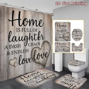 4-Piece Home Bath Curtain Set, Rustic Wood Grain Decorative Style with Heart & Inspirational Words, Includes Shower Curtain, Mat, U-Shaped Pad, Toilet Seat Cover