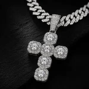 LAMARI Silver Tone Cross Pendant Necklace Rhinestone Cuban Chain Hip Hop Jewelry for Men
