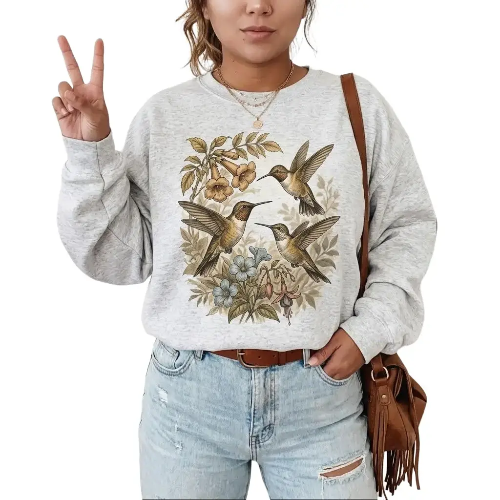 Vintage Boho Hummingbird Unisex Cotton Pullover Sweatshirt - Retro Womenswear