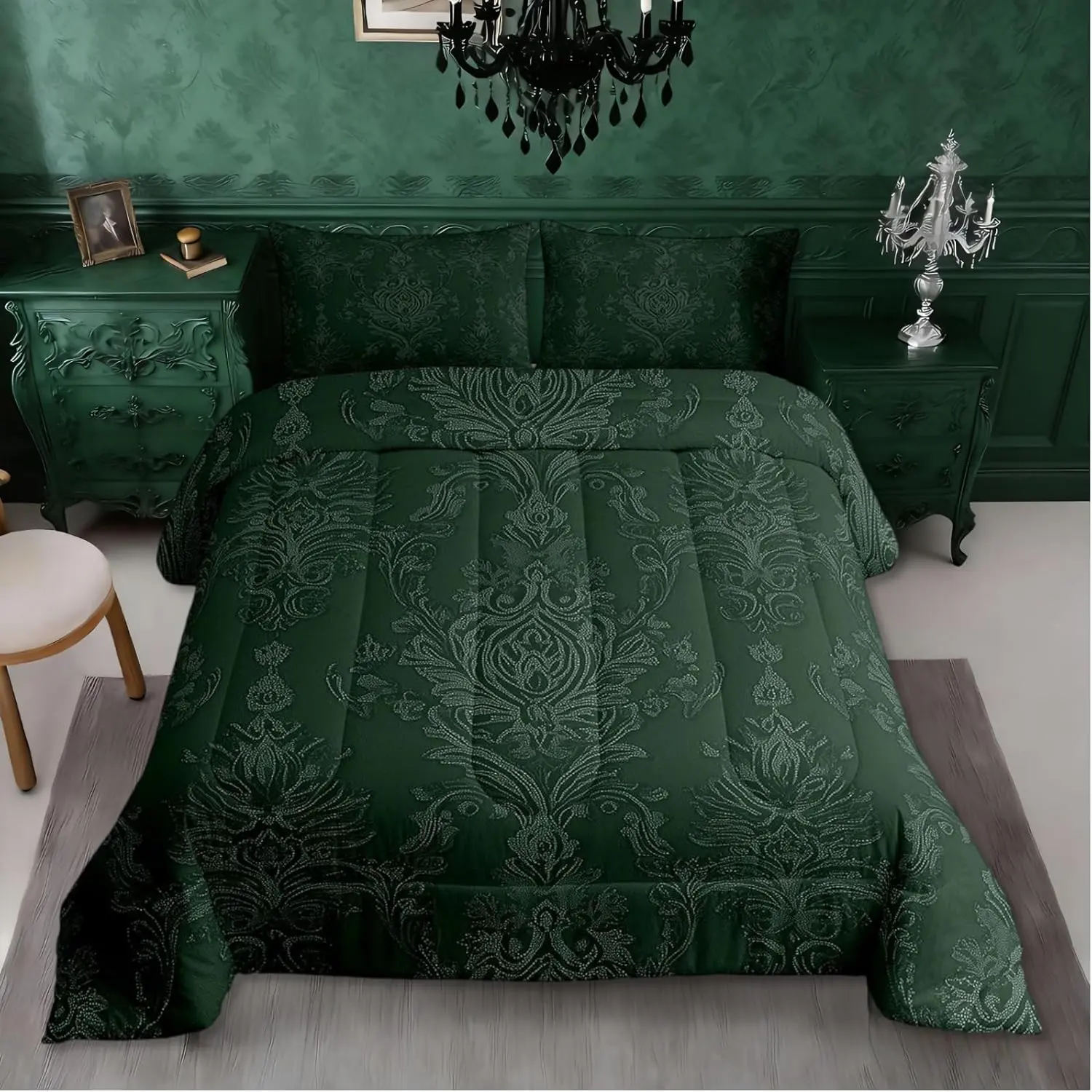 Jade Green Damask Bedding Set Adults Antique Baroque Gothic Comforter Set Vintage Boho Victorian Floral Bedding Bohemian Exotic Quilt Comforter Bedroom Decor,2 Piece