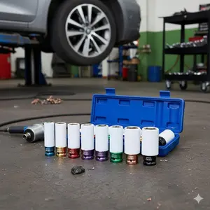 Heavy-Duty 1/2" Impact Socket Set 17-27mm, Anti-Slip Deep Well for Trucks & SUVs. High-Torque, Color-Coded Sockets with Extension Bar & Case. Fast Tire Change, Fits Impact Wrench & Drill. Professional Auto Repair Kit, Tool Box.