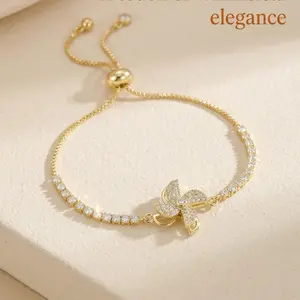 Spinning Windmill Adjustable Sliding Bracelet for Women - 14K Gold Plated CZ Anxiety Relief Bracelet, Fidget Spinner Charm Jewelry