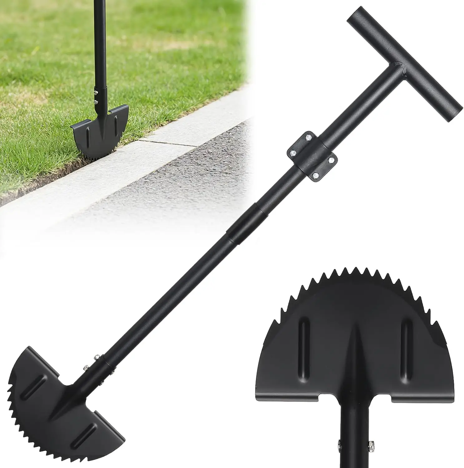 Manual Heavy Duty Lawn Edger Tool with Adjustable Long Handle, Sharp Saw-Tooth Blade, T-Grip, Metal Build & Lawn Edging Border for Sidewalk, Driveway Flower Bed Landscaping