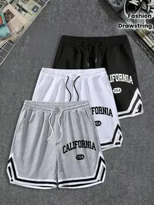 Men's "CALIFORNIA USA" Retro Varsity Shorts - Striped Hem Drawstring Athletic Shorts, Athleisure Shorts, West Coast Streetwear with Bold College Font Print, Soft Cotton Blend Loose Fit Casual Shorts for Men, Perfect for Basketball, Summer Outings