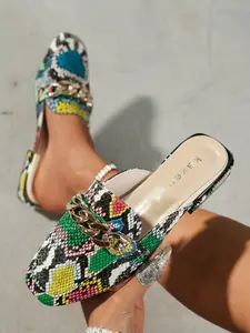 Women's European Style Colorful Snake Skin Metal Chain Mules, Pointed Toe Chunky Heel Half Slip-On Outdoor Sandals