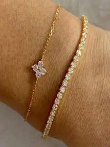 2pcs Minimalist & Luxurious Stainless Steel Women Stackable Bracelet Set, Featuring Glass-Inlaid Four-Leaf Flower Design And Tennis Chain Design, Suitable For Daily Commute, Outings, Holidays, Parties, Or As Valentine's Day Gift For Loved Ones