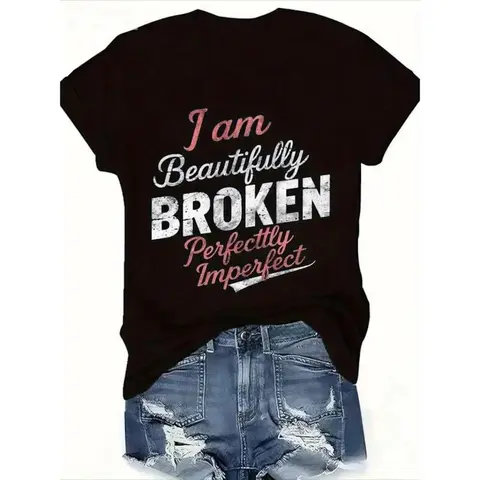 Men's All-Seasons Cotton Short-Sleeve Round Neck Seamless Casual Tshirt - "I Am Beautifully Broken, Perfectly Imperfect" Quote Top, Loose Fit, Smooth, Solid, Foldable Menswear