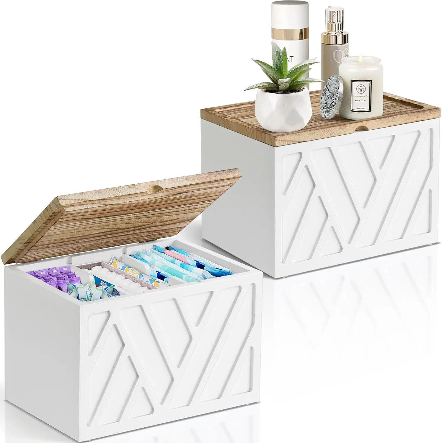 2pcs White Decorative Tampon & Pad Organiser Boxes, Lidded Compact Cotton Disposable Feminine Product Container, Bathroom Toilet Storage Accessory