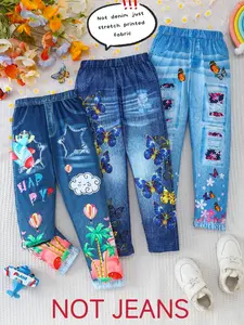 3-piece girls' pants set: Lovely butterfly, castle airship & floral prints on soft stretch denim-look fabric. Elastic waist for easy on/off. Great for outdoor play, biking & daily wear. Comfy, Perfect princess gift – magical & trendy! Graphic Pants