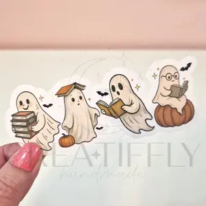 Fall Ghosts Reading Books Sticker - Waterproof Glitter or Glossy Stickers 1.5" x 4.5" Size Customizable for Kindle Book or Tablet Durable Stylish Design