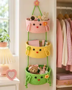 Adorable Hanging Basket Organizer, 3-Tier Woven Rope Wall Basket for Hair Accessories, Toys, Toiletries, Socks & Room Decor