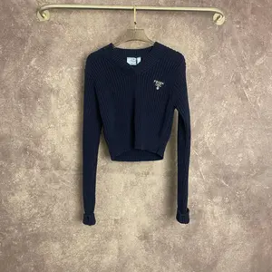 Pre-owned Prada Navy Cropped V Neck Knit Sweater | Logo Detail
