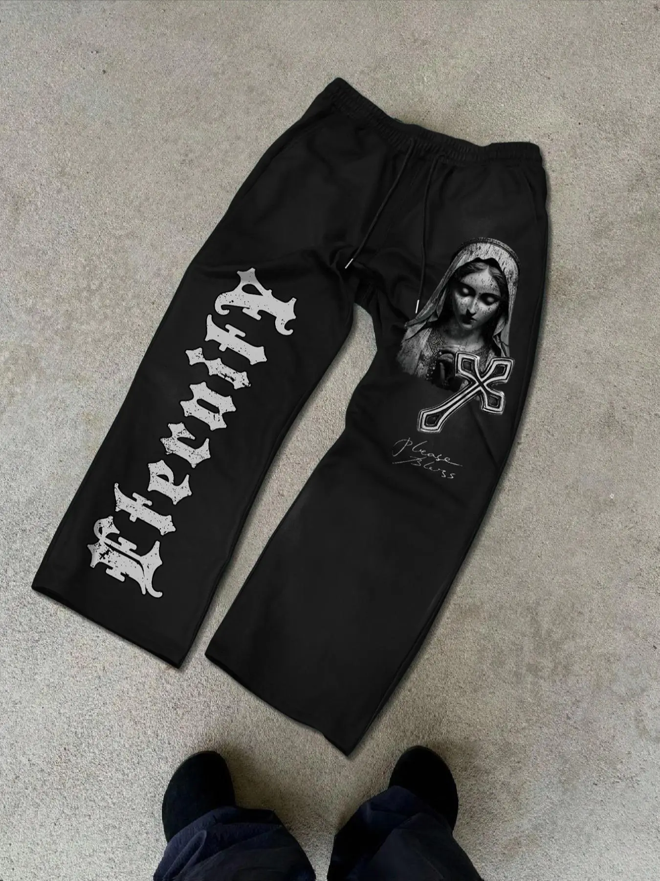 Unisex's Virgin Mary & Letter Print Drawstring Waist Sweatpants, Street Fashion Graphic Pocket Pants for Daily Wear, Unisex's Bottoms for All Seasons,