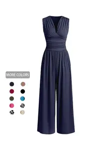 Women's Plain Ruched Deep V Neck Ribbed Jumpsuit, Elegant Sleeveless Wide Leg Jumpsuit for Summer, Ladies Clothes for Beach Holiday Vacation