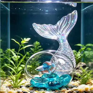 Mermaid Tail + Transparent Glass Hideout Fish Tank Decor Set, Dual Piece Combo, Ideal for Small Betta Tanks, Desktop Eco Tanks, Beginner Friendly