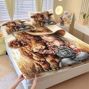 3pcs American Country Style Bedding Set, Cute Highland Cow Pattern Fitted Sheet Set, Denim Girl Print Design, Suitable for Bedroom and Guest Room Bed Decoration, Soft and Comfortable, Including 1 Fitted Sheet and 2 Pillowcases